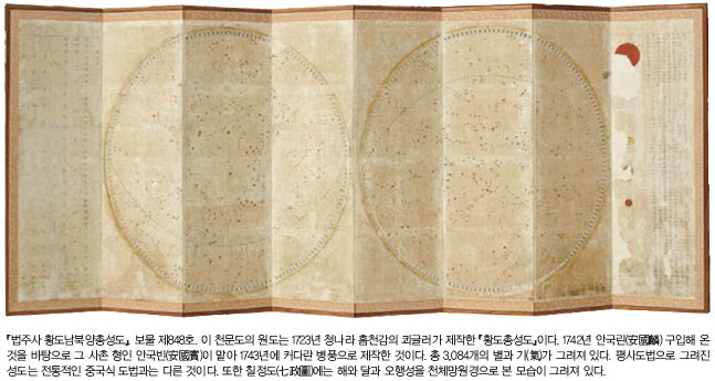 『법주사 황도남북양총성도』. 보물 제848호. 이 천문도의 원도는 1723년 청나라 흠천감의 쾨글러가 제작한 『황도총성도』이다. 1742년 안국린(安國麟) 구입해 온 것을 바탕으로 그 사촌 형인 안국빈(安國賓)이 맡아 1743년에 커다란 병풍으로 제작한 것이다. 총 3,084개의 별과 기(氣)가 그려져 있다. 평사도법으로 그려진 성도는 전통적인 중국식 도법과는 다른 것이다. 또한 칠정도(七政圖)에는 해와 달과 오행성을 천체망원경으로 본 모습이 그려져 있다.